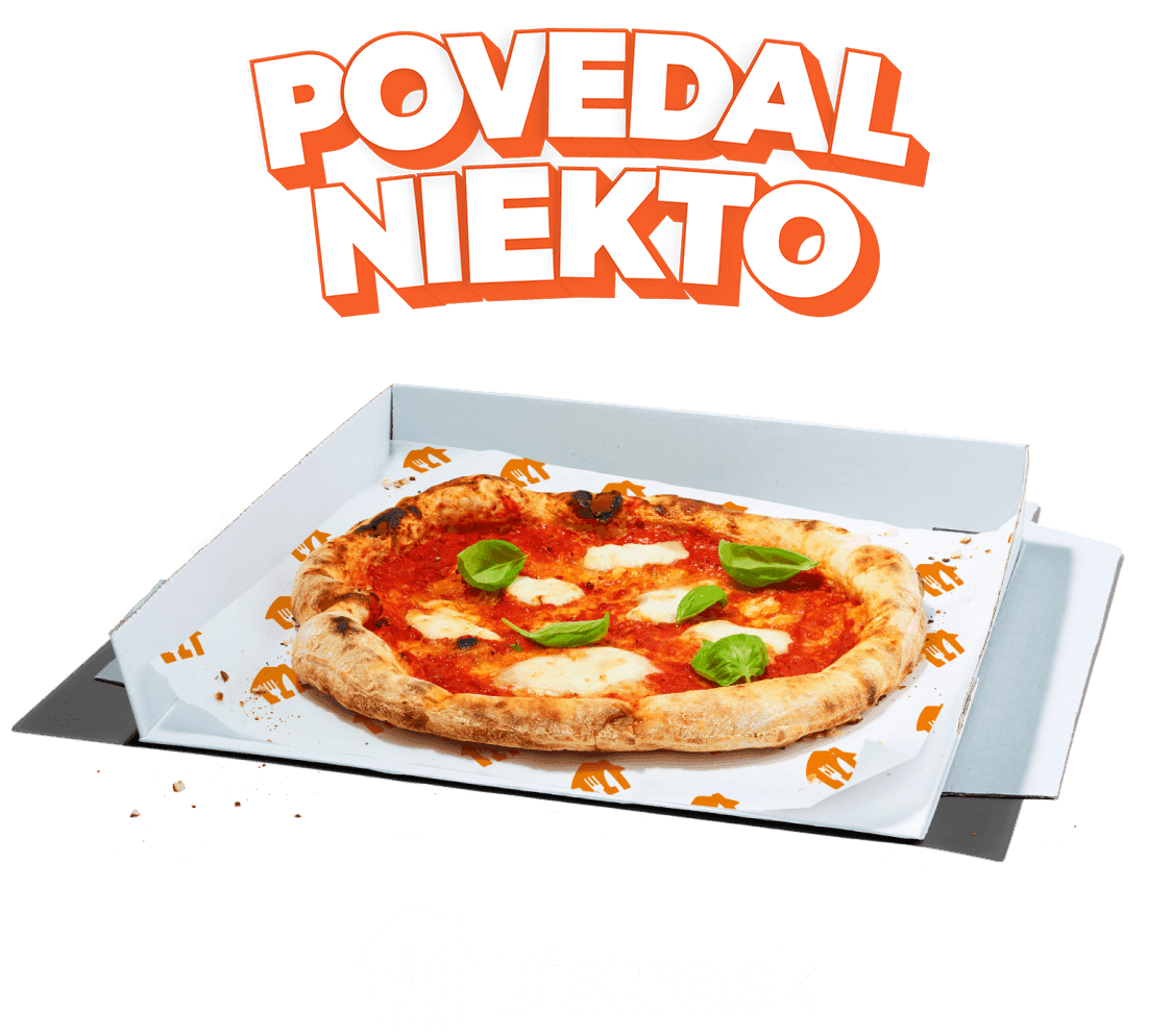 Vizuál POVEDAL NIEKTO nad pizzou s oranžovým pozadím a logom Bistro.sk pod tým.